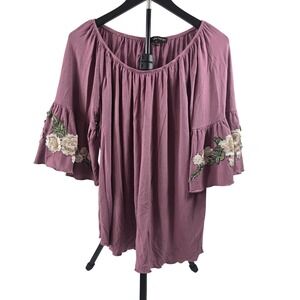 Always Indigo Womens 1X Mauve Floral Embroidered Bell Sleeve Boho Top Blouse